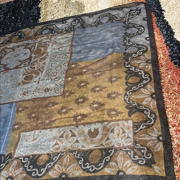 Vintage Multicolor Patterned Scarf Sheer Hair Wrap Brown Blue & Black Hues 34" - Picture 4 of 7